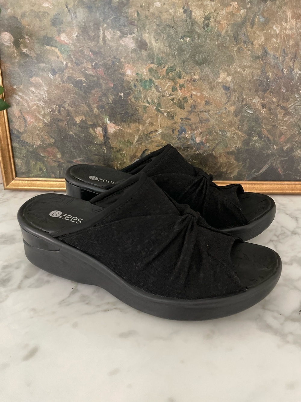 Bzees Sunburst Slide Sandals Black Wedge Platform Size 9